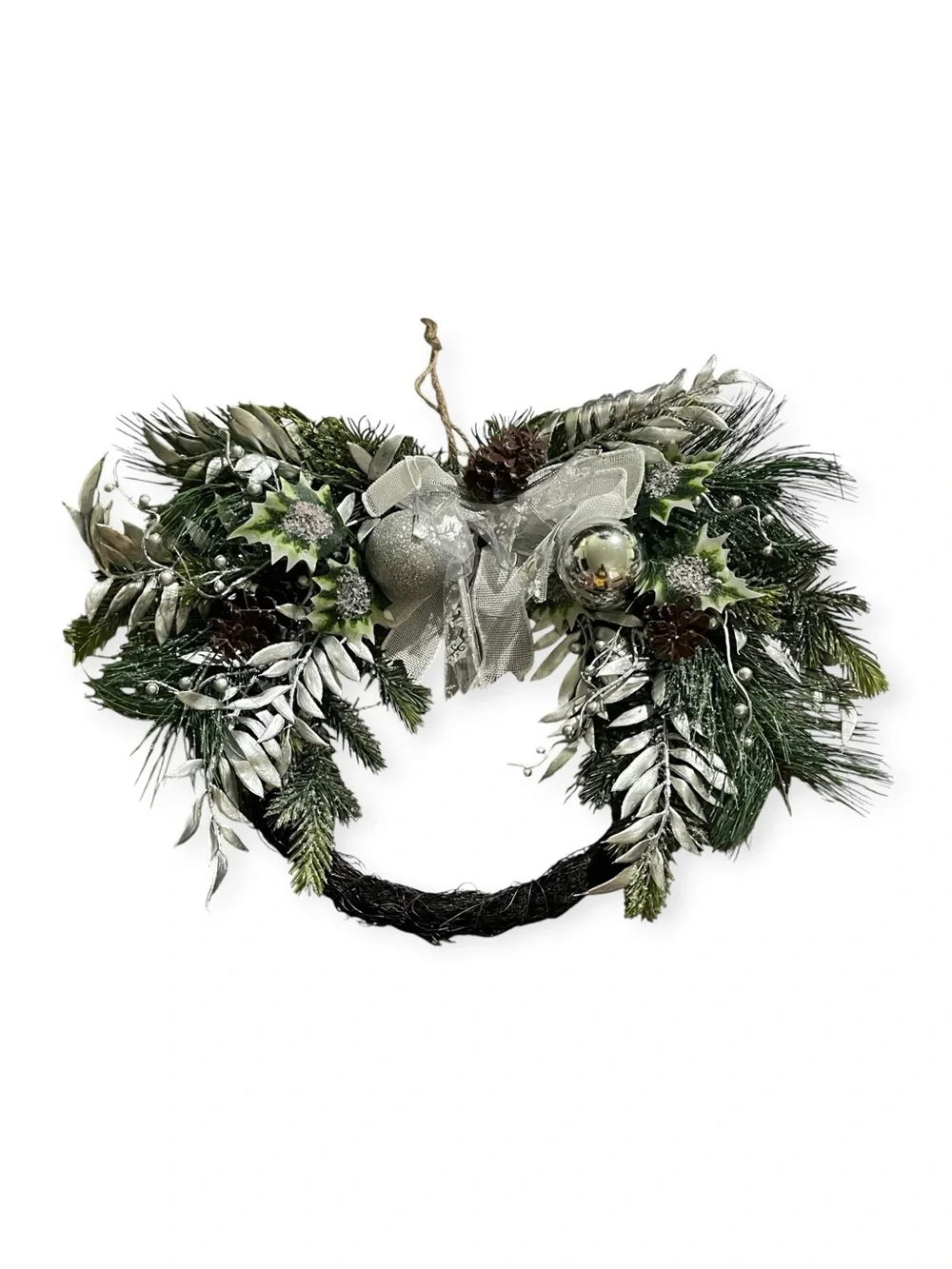 NWT! Holiday Silver & Green Pine Wreath with Bow